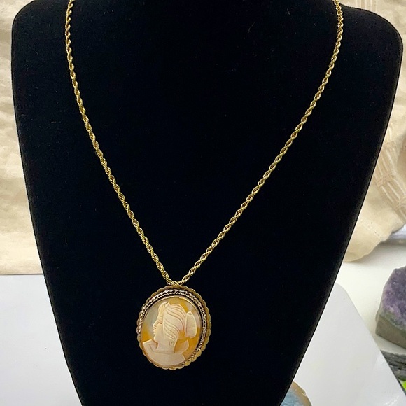 Vtg. 28” Gold Necklace With Elegant Gold Brooch Cameo Of Japanese Woman (Pasco) - Picture 3 of 6